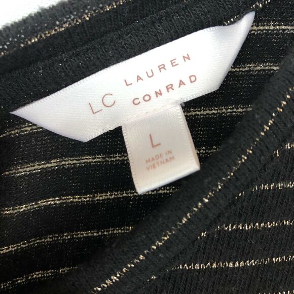 Fairy Lauren Conrad L Black Gold Metallic Striped Lace Hem Tunic Top Tie Back - Picture 8 of 9